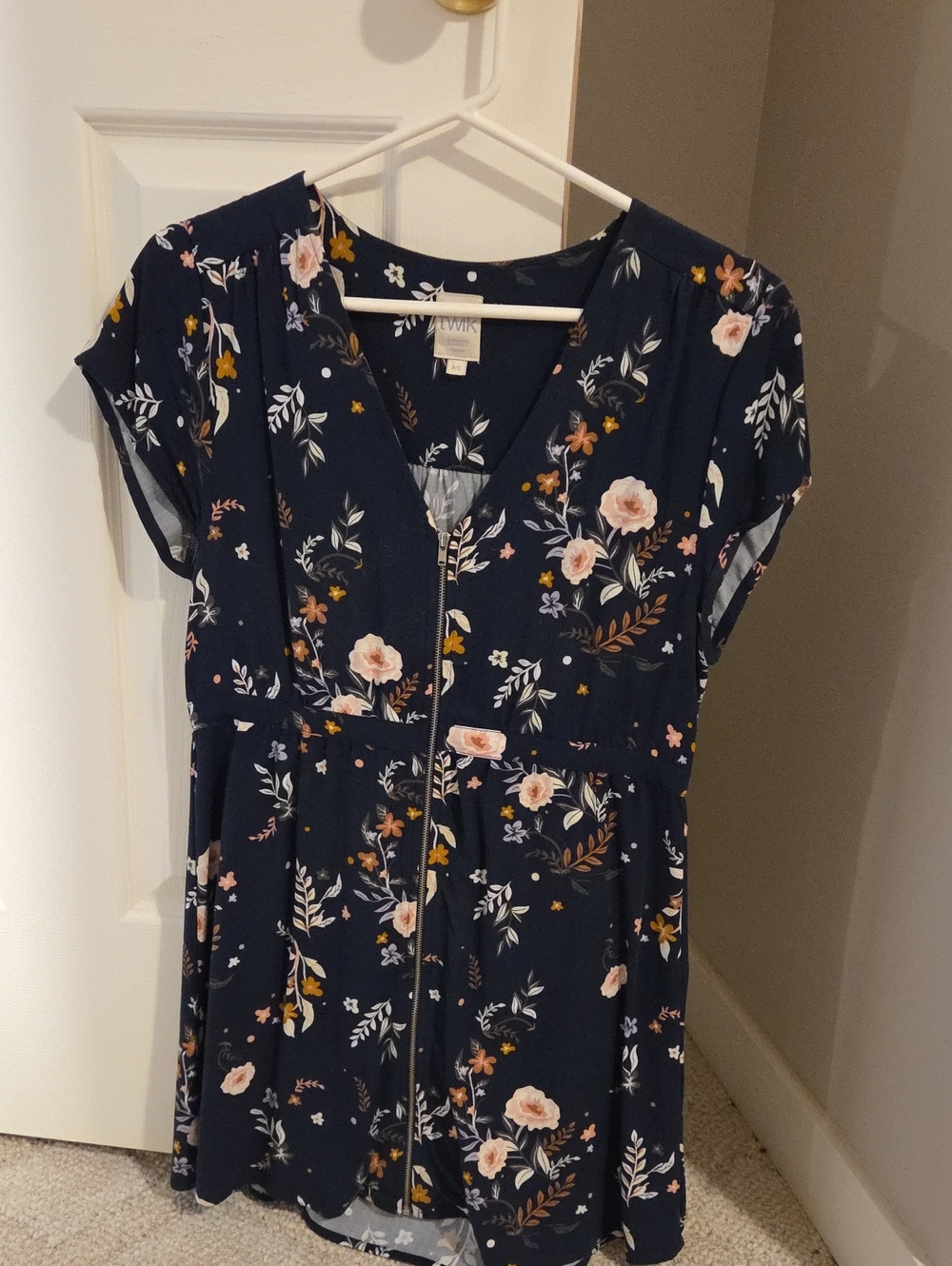 TWIK Navy Floral Zip-Front Top with Pink and Cream Blooms